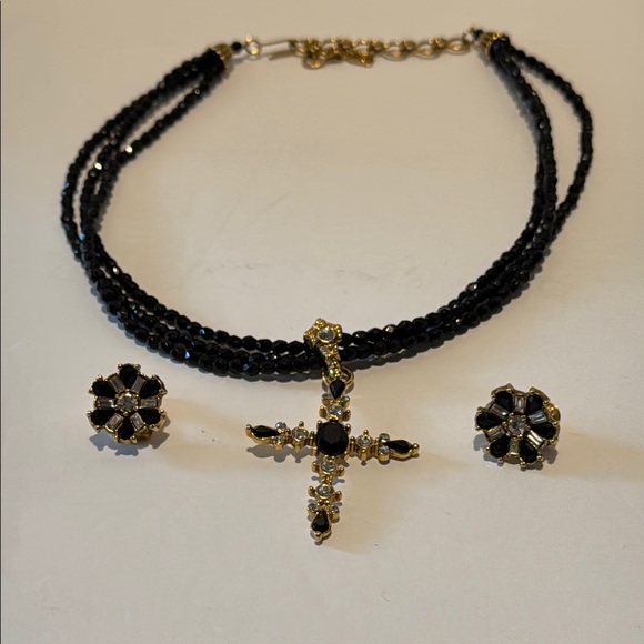Vintage 1928 Multi Strand Black Bead Rhinestone Cross Necklace w/Clip Earrings - Picture 6 of 7